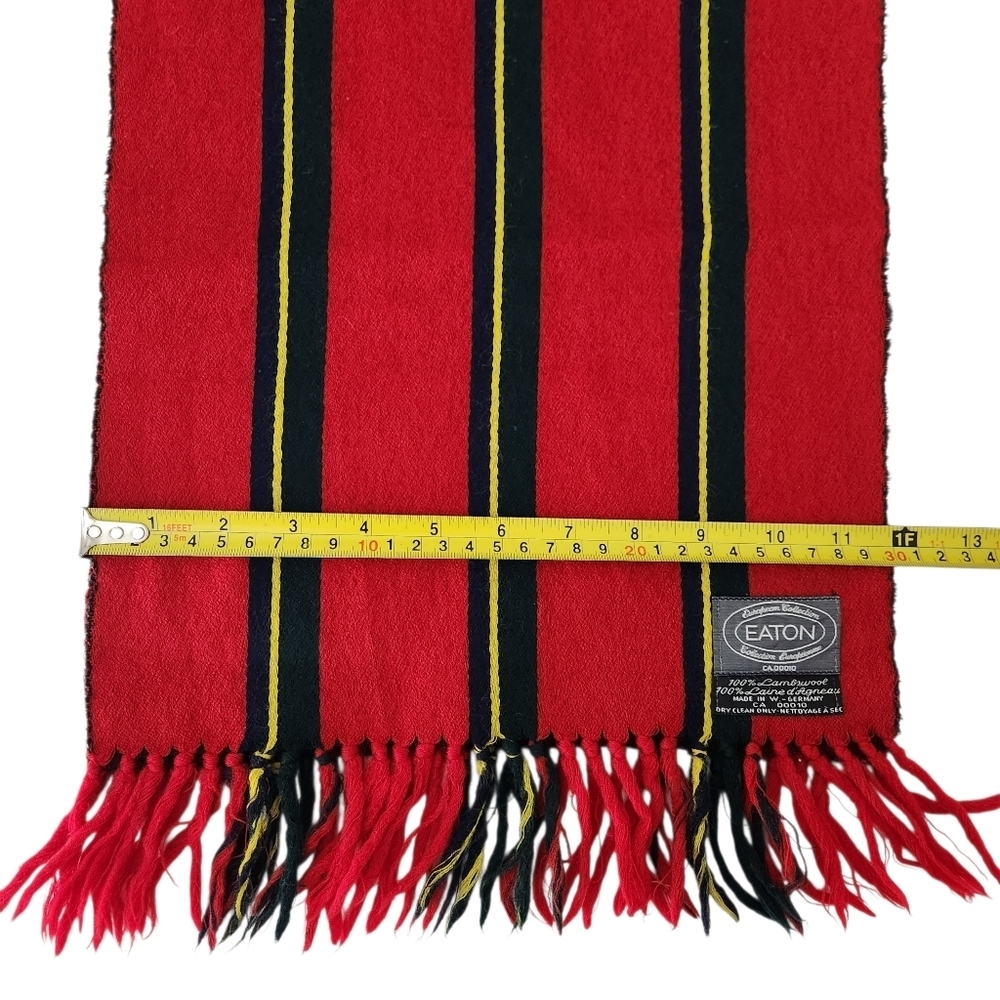 EATON – Red Black Stripe Lambswool Fringe Scarf vintage os - Picture 7 of 8
